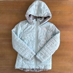 North Face Hooded Puffer Faux Fur Lined Jacket Light Blue/Gray Girls Med 10/12